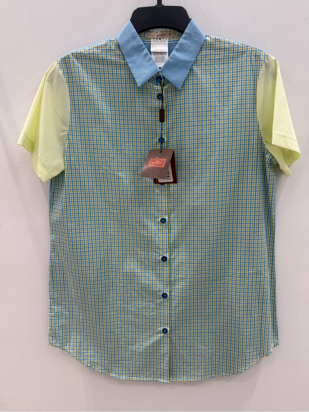 Short-Sleeve Checked Button-Down Shirt in Light Green & Blue